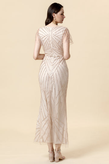 Sheath V Neck Light Khaki Mother of the Bride Dress with Beading